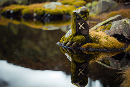 close-up of signpost on mossy rock with reflection in the water, created with generative aiの素材