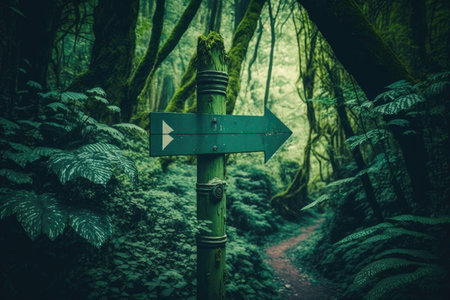 close-up of sign post with arrow pointing the way in a lush forest, created with generative aiの素材