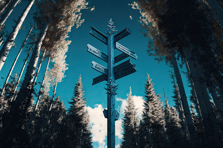 a signpost surrounded by tall trees, with a glimpse of blue sky visible, created with generative aiの素材