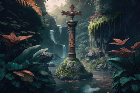 a post surrounded by lush greenery and flowers, pointing the way to a waterfall, created with generative aiの素材