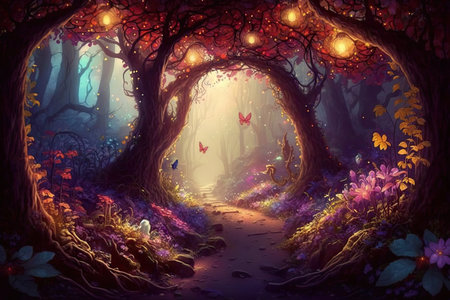 a magical forest filled with blooming flowers and glittering fairies., created with generative aiの素材