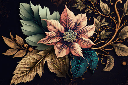 a close-up of a vintage flower with intricate details, such as delicate leaves and bright colors., created with generative aiの素材