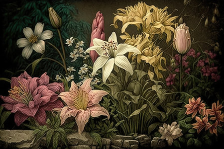 vintage-style flower garden with a variety of blooms, including roses and lilies., created with generative aiの素材