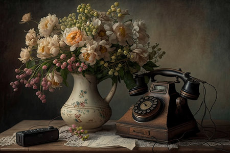 a vintage flower bouquet in a rustic wooden vase on a distressed table with an old-fashioned telephone, created with generative aiの素材