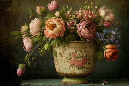 a beautiful vintage flower arrangement in a rustic vase, perfect for spring or summer., created with generative aiの素材