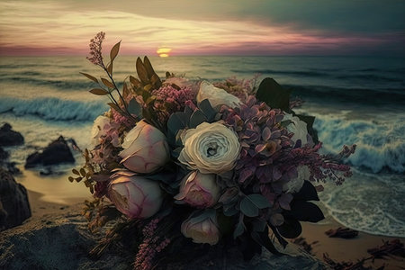 a vintage flower bouquet against a dreamy beach sunset, with the waves crashing in the background., created with generative aiの素材