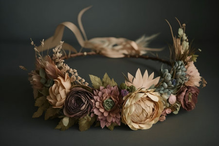 a vintage flower crown with a mix of dried and fresh blooms, tied together with delicate ribbons., created with generative aiの素材
