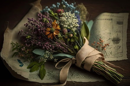 a retro-style bouquet made up of wildflowers and herbs, tied with a vintage ribbon., created with generative aiの素材