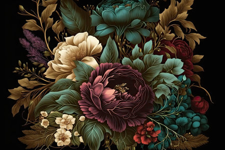 a vintage flower bouquet with a retro-inspired design, featuring rich jewel tones and intricate details., created with generative aiの素材