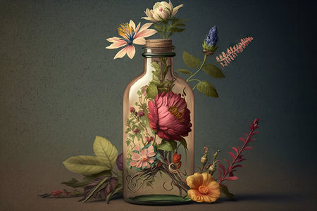 a vintage floral bouquet arranged in a glass bottle, created with generative aiの素材