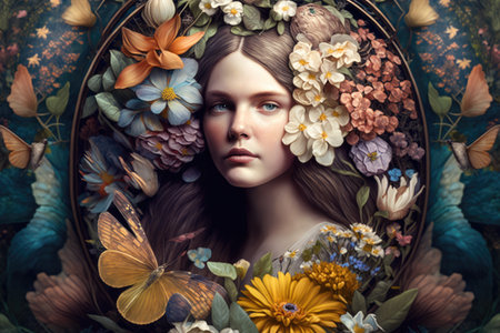 vintage flower fantasy with a woman in the center, surrounded by flowers and butterflies, created with generative aiの素材