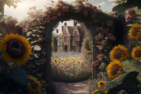 a magical garden filled with vintage-inspired flowers, including a sunflower maze and a rose garden, created with generative aiの素材