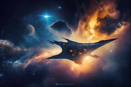 starship flies past starry nebula, with bright stars shining in the background, created with generative aiの素材