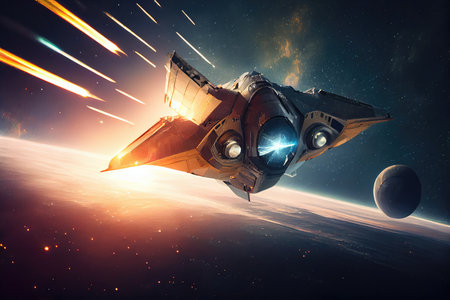 view of massive spaceship traveling through the vastness of space, with distant stars in the background, created with generative aiの素材