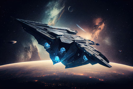 futuristic spaceship, with view of distant starry sky, flying through the universe, created with generative aiの素材