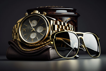 affluence and status symbol, with pair of designer glasses and expensive watch, created with generative aiの素材