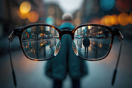 person, looking through new pair of glasses, with blurred image in background, created with generative aiの素材