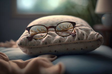 pair of eyeglasses resting on soft pillow, with tranquil background, created with generative aiの素材