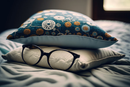 pair of eyeglasses resting on soft pillow, with tranquil background, created with generative aiの素材