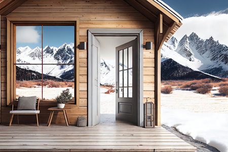 chalet entrance with porch in mountain against background of snowy fells exterior of the winter chalet, created with generative aiの素材