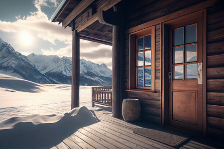 chalet entrance with porch in mountain against background of snowy fells exterior of the winter chalet, created with generative aiの素材