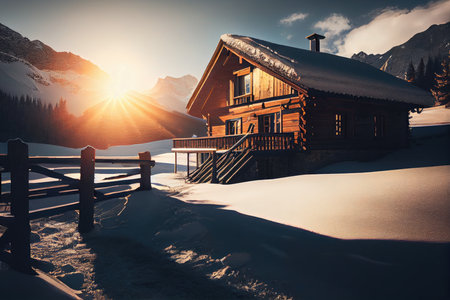 wooden chalet exterior of the winter chalet in mountains in rays of sun, created with generative aiの素材