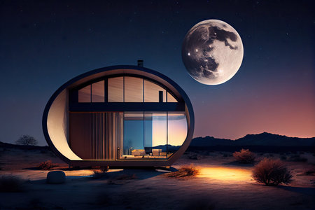 exterior of modern house, with view of the moon and stars above, created with generative aiの素材