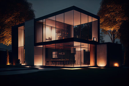 a modern house with a sleek, glass exterior and minimalist interior, illuminated by the warm glow of recessed lighting, created with generative aiの素材