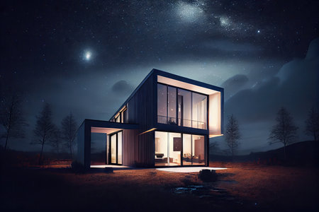 a sleek modern house with a view of the night sky, stars twinkling in the distance, created with generative aiの素材