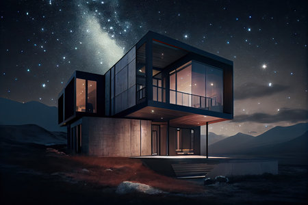 a sleek modern house with a view of the night sky, stars twinkling in the distance, created with generative aiの素材