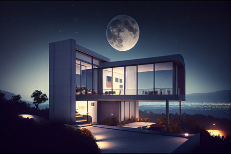 modern house, with view of the city skyline and moon in the background, at night, created with generative aiの素材