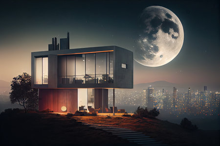 modern house, with view of the city skyline and moon in the background, at night, created with generative aiの素材