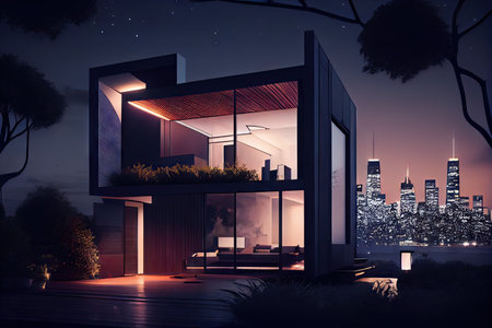 exterior of a modern house, with the view of the city skyline and twinkling lights visible in the distance, created with generative aiの素材
