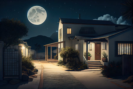 a quiet street, with the exterior of a modern house at night, and the moon in the sky, created with generative aiの素材
