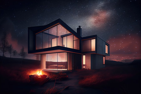 a modern house, with its exterior lights on and a view of the night sky, created with generative aiの素材