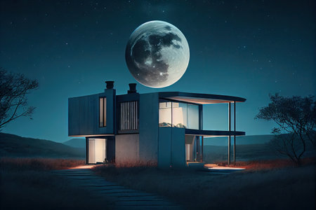 a modern house in the evening, with a view of the starry sky and romantic blue moon, created with generative aiの素材