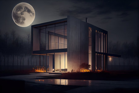 a modern house, with its exterior illuminated by flickering candlelight and a full moon, created with generative aiの素材