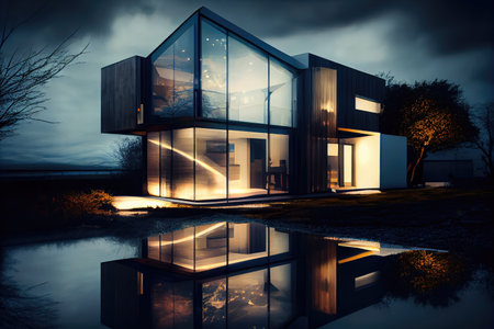 modern house, with blurred lights and reflections, in the evening, created with generative aiの素材