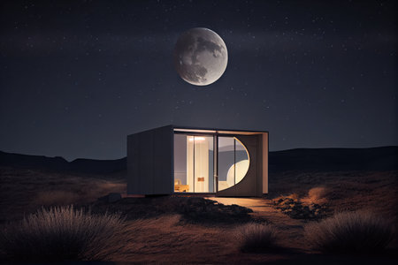 a minimalist house, with a view of the starry sky and moonlight, created with generative aiの素材
