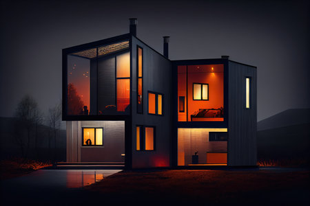 a modern house, with windows and doors illuminated by warm light, surrounded by darkness, created with generative aiの素材