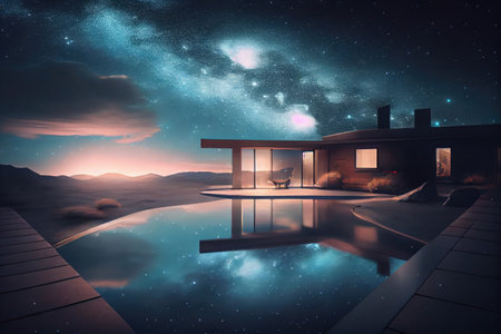 a house with stunning views of the night sky, surrounded by an infinity pool and hot tub, created with generative aiの素材