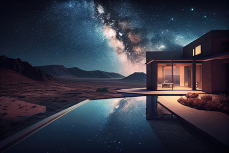 a house with stunning views of the night sky, surrounded by an infinity pool and hot tub, created with generative aiの素材