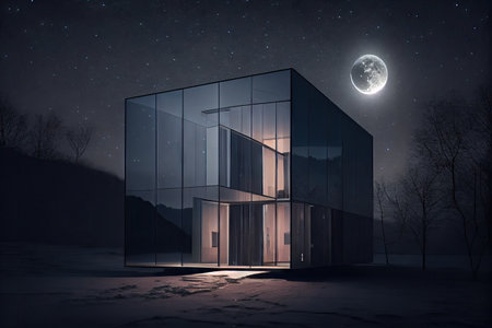 a sleek and minimalist house, with a glass facade and minimalist exterior, standing out against the night sky, created with generative aiの素材