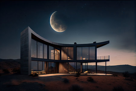 a modern house with a view of the stars and moon, surrounded by darkness, created with generative aiの素材