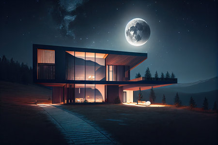 a modern house with a view of the stars and moon, surrounded by darkness, created with generative aiの素材