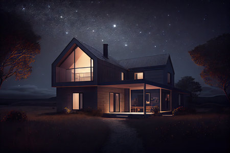 exterior of modern house, with night sky and stars visible, in rural setting, created with generative aiの素材