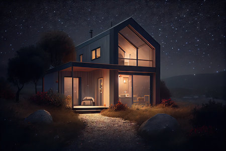 a modern house, with its exterior illuminated by warm, inviting lights against a starry night sky, created with generative aiの素材