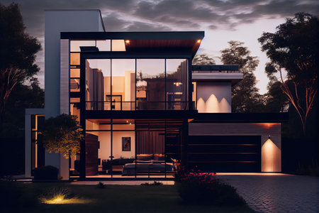 a modern house with a sleek exterior, lit up by warm and inviting lights, created with generative aiの素材