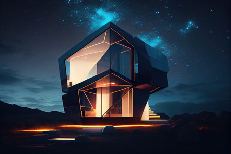 a futuristic house, with a sleek and minimalist design, adorned with glowing lights against the night sky, created with generative aiの素材