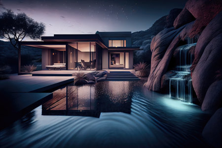 the exterior of a modern house with an infinity pool and waterfall at night, created with generative aiの素材